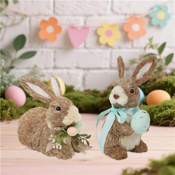Set of 2 Easter Decorations Bunny Figurines with Eggs Spring Straw - Picture 6 of 14